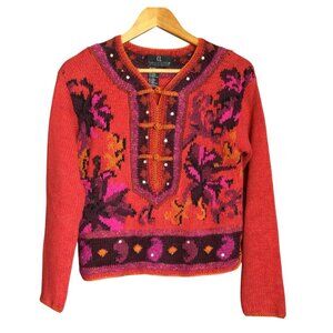 Carole Little Womens Vintage Knit Sweater Size S Multicolor Floral Design Embell